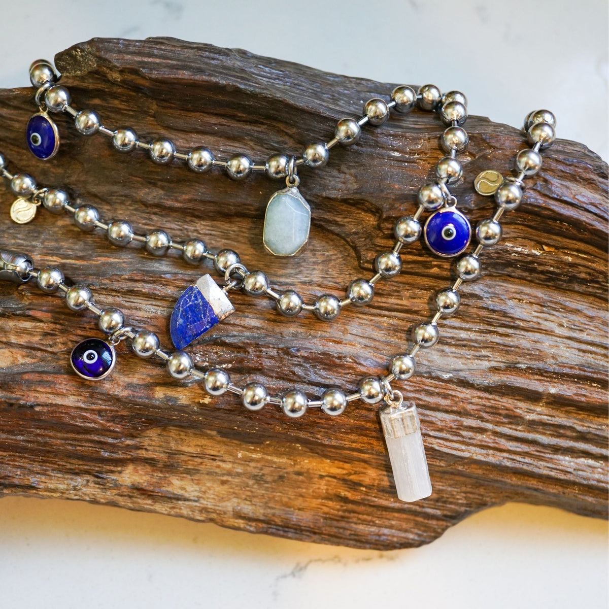 Silver Charm Bracelet with Rose Quartz & Blue Evil Eye