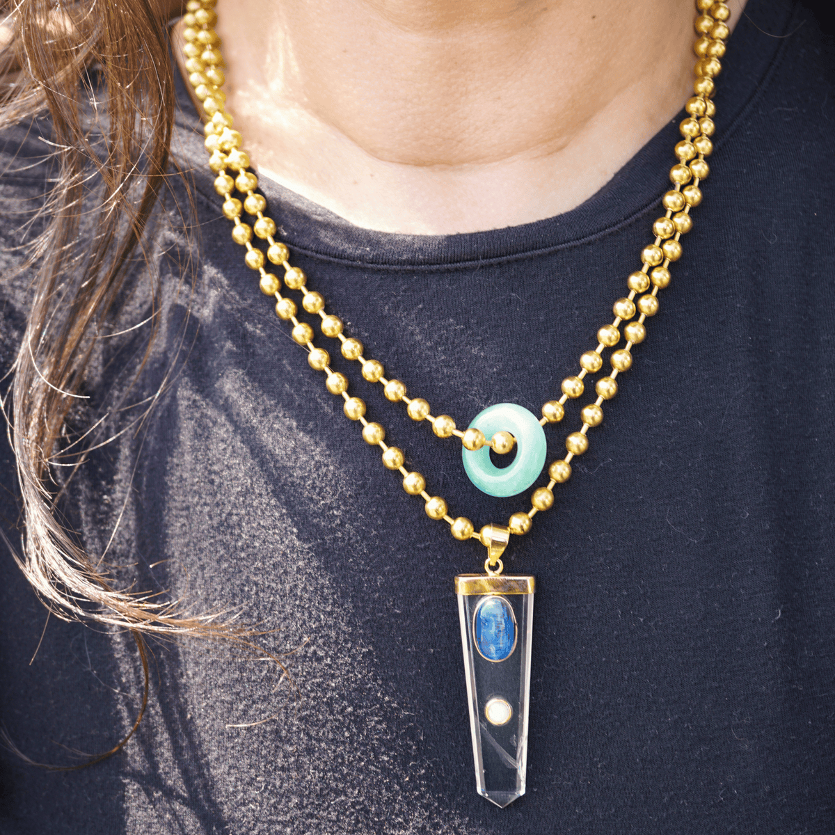 Clear Quartz, Blue Kyanite & Moonstone Ball Chain Necklace