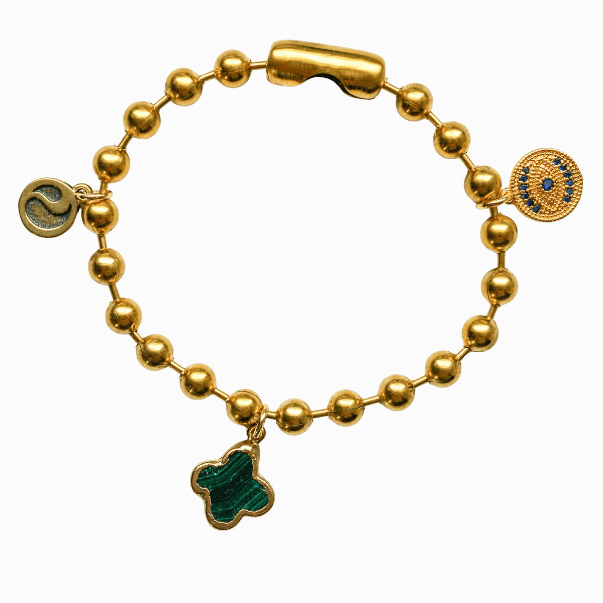 Gold Charm Bracelet with CZ Evil Eye & Malachite