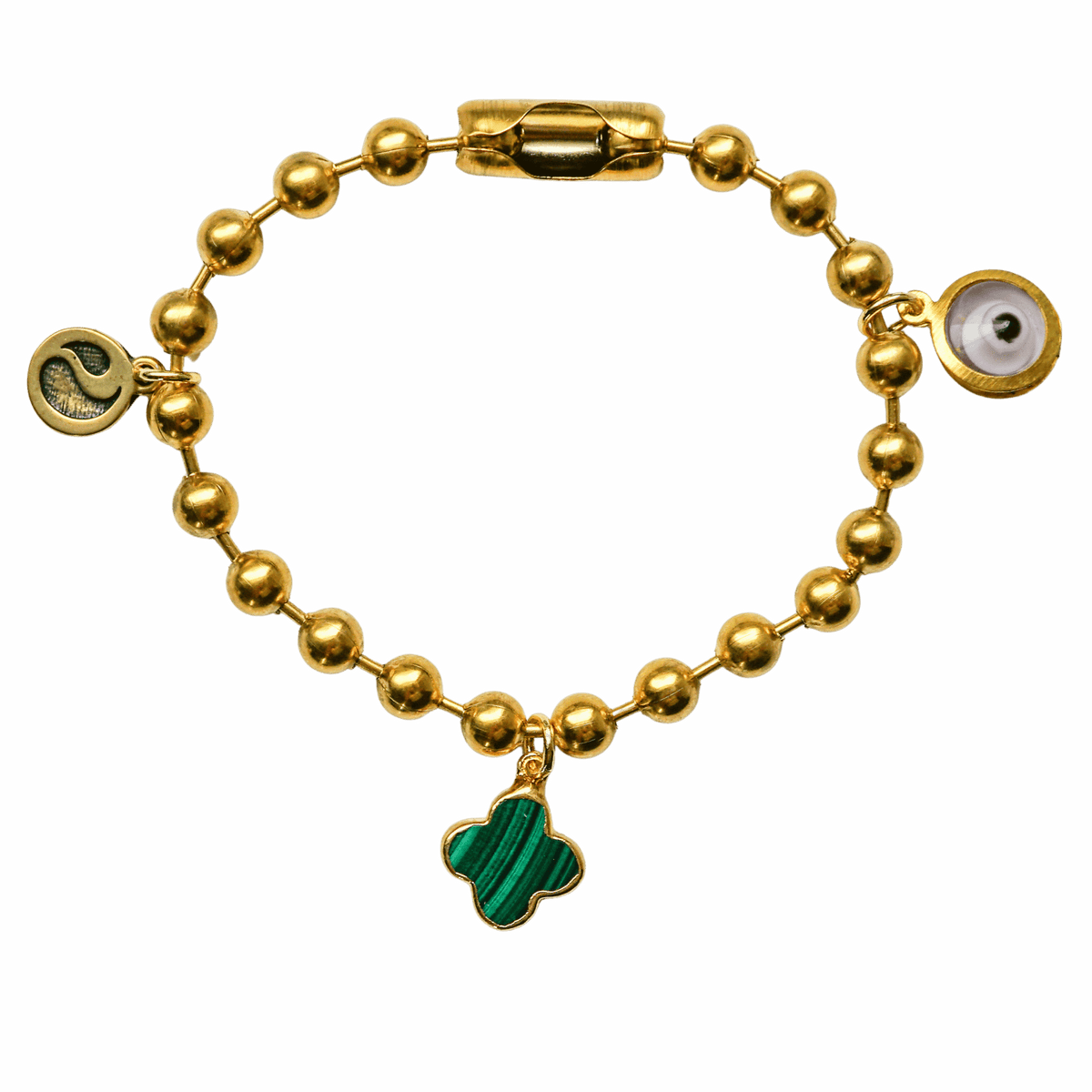 Gold Charm Bracelet with Malachite & Clear Evil Eye