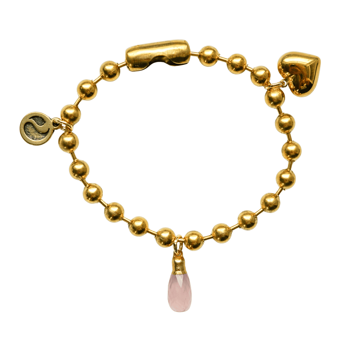 Gold Charm Bracelet with Rose Quartz & Gold Heart