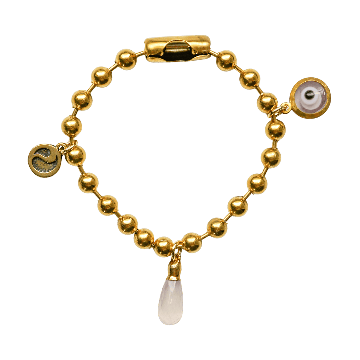 Gold Charm Bracelet with Rose Quartz & Clear Evil Eye