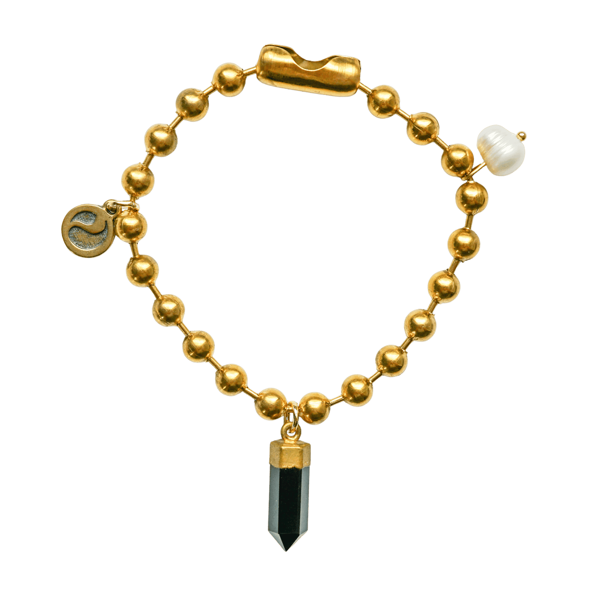 Gold Charm Bracelet with Black Tourmaline & Pearl