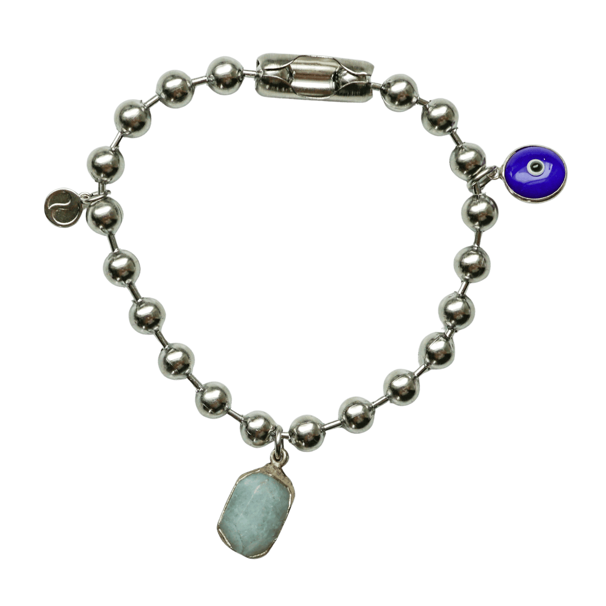 Silver Charm Bracelet with Aquamarine & Blue Evil Eye