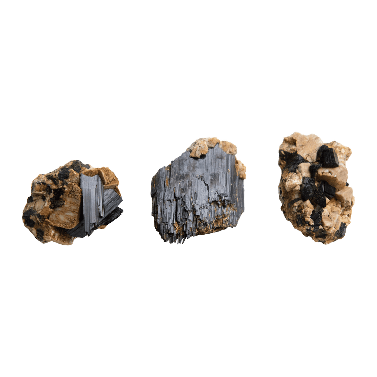product view of 3 unique pieces of genuine Aegirine by Energy Muse to illustrate differences in size, patterns, clustering, combinations and colors.