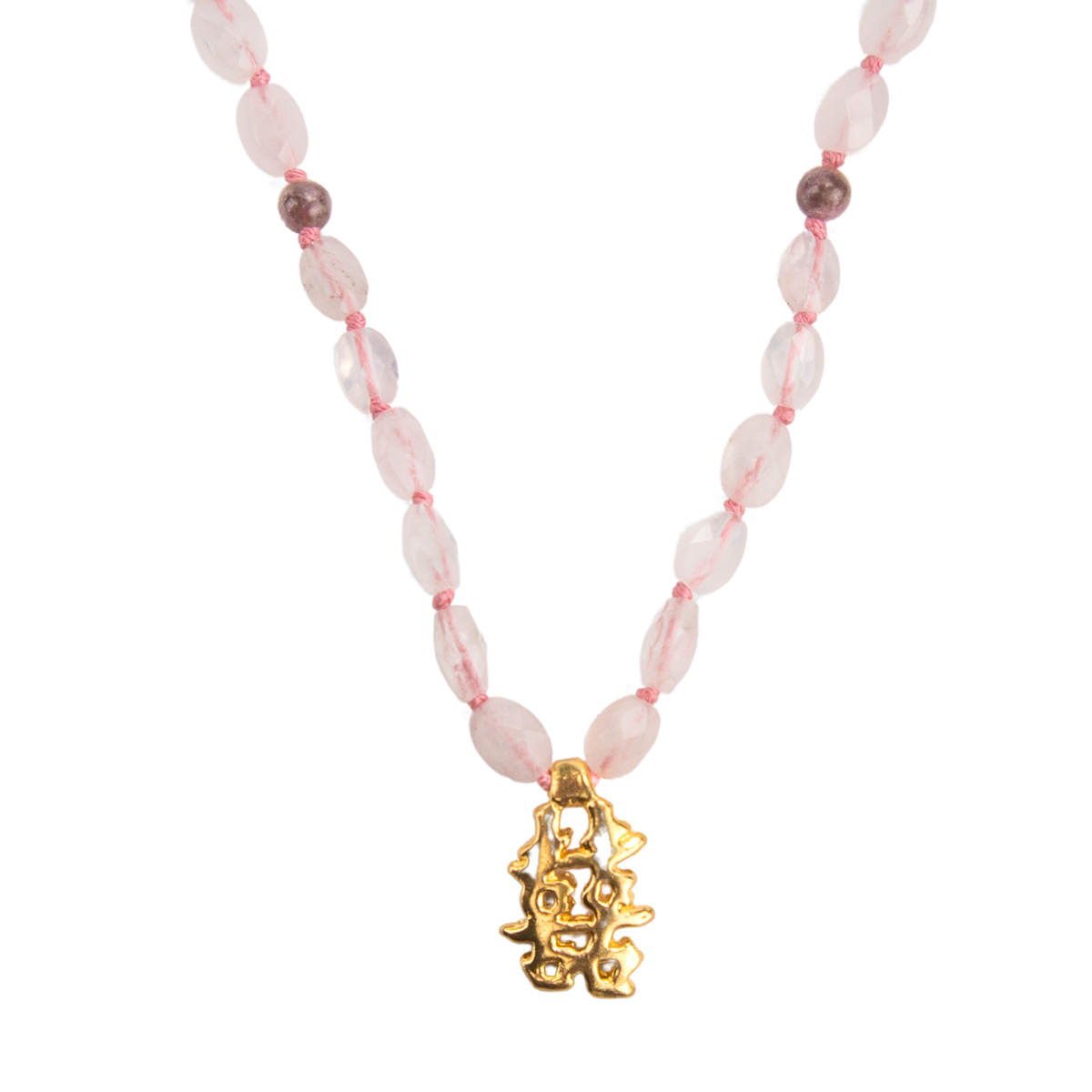 closeup view of Attract Love Necklace spotlighting the gold-polished double happiness pendant by Energy Muse