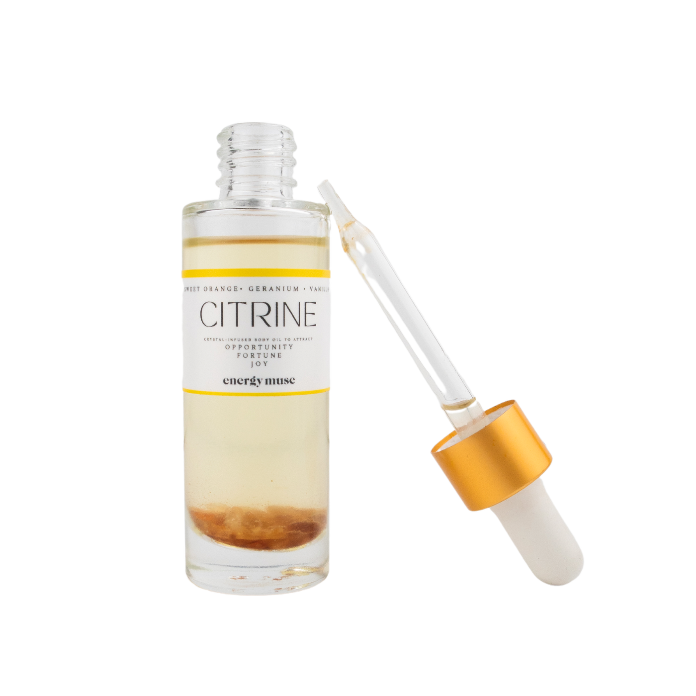 open bottle of citrine body oil displaying dropper by Energy Muse
