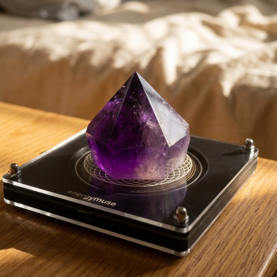 A faceted purple amethyst crystal tower displayed on a black magnetic base with the brand name 'energymuse' visible, set on a wooden table with a softly blurred bedroom background.