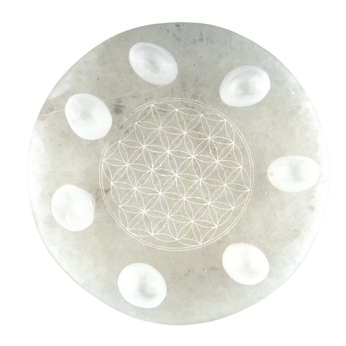 complete Lightkeeper Selenite Set including a round plate with Flower of Life etch detail and 7 Selenite tumbled stones by Energy Muse