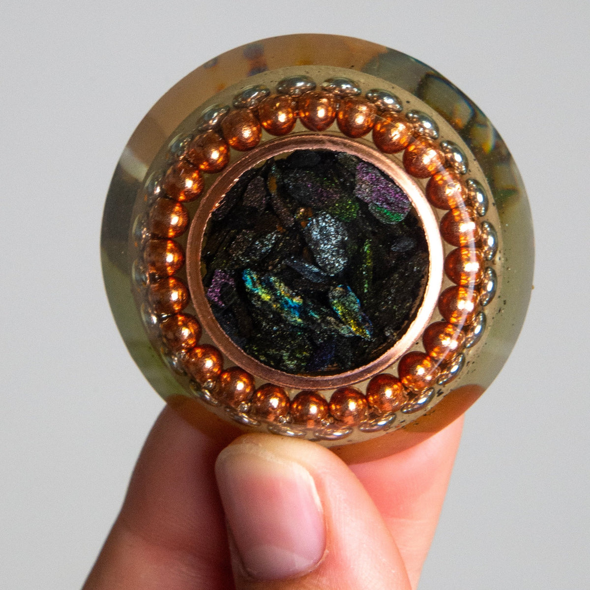 Flower of Life Rainbow Hematite Orgone Puck