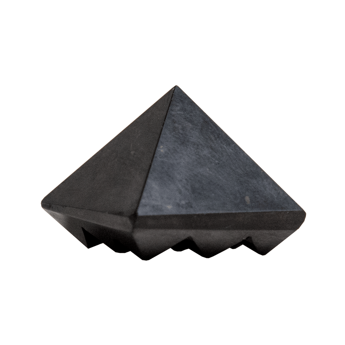 straight-on view of genuine Shungite pyramid with unique 9-pyramid carving on the base by Energy Muse