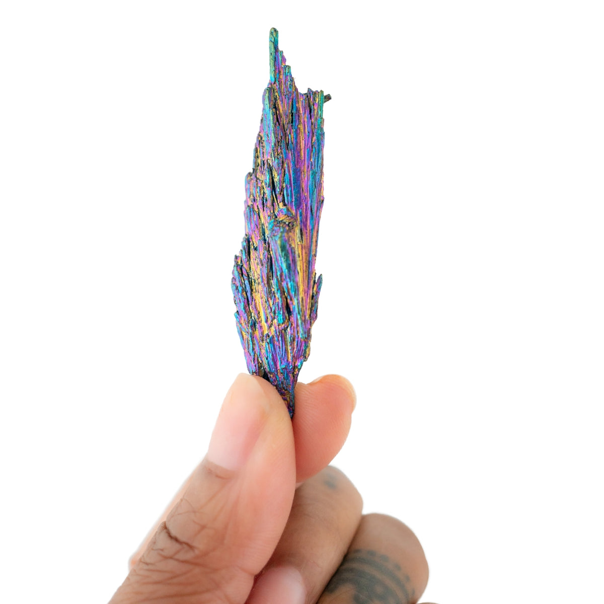 close up of woman holding Titanium Kyanite crystal fan - Energy Muse