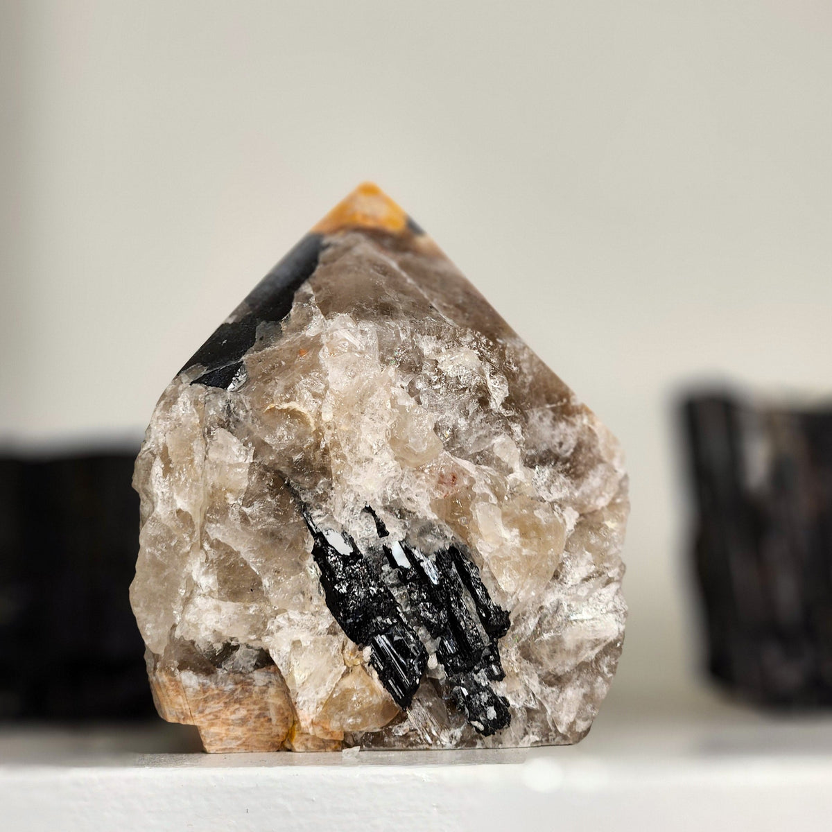 Moonstone & Tourmalinated Quartz Half-Polished Point