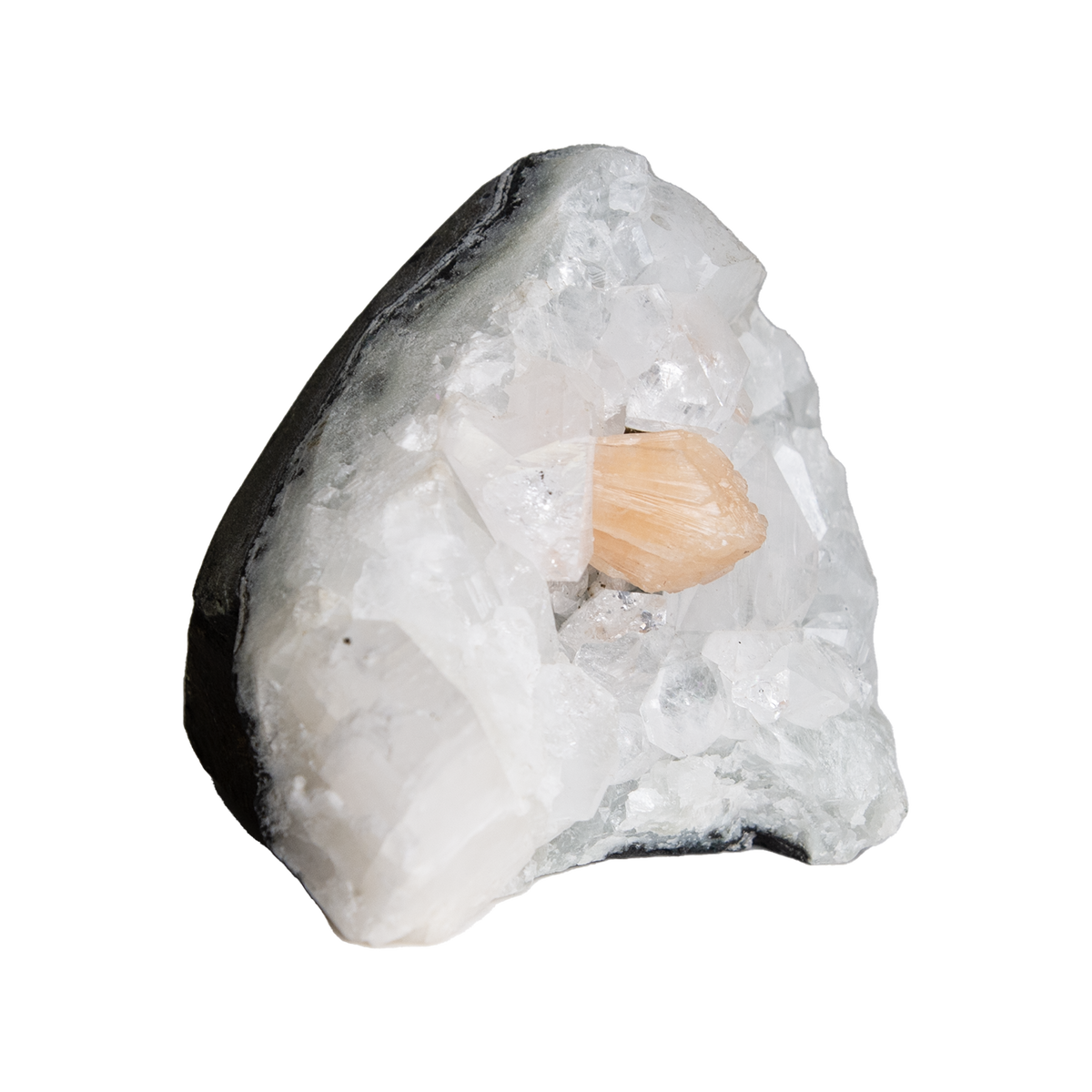 45 degree view of raw apophyllite freeform cluster crystal with stilbite inclusion by Energy Muse