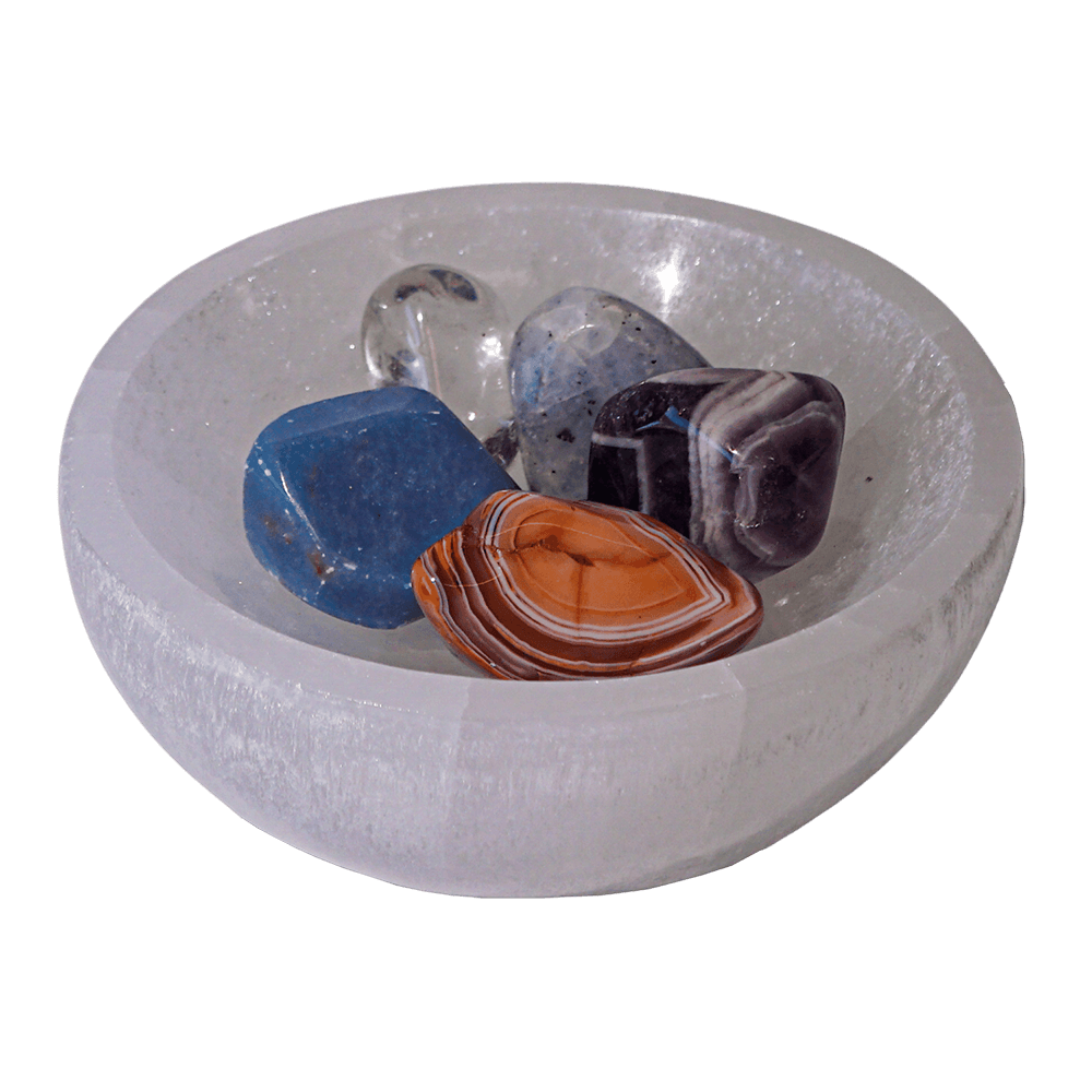 Calming Crystal Bowl Shop Selenite Bowl with Calming Stones Energy Muse