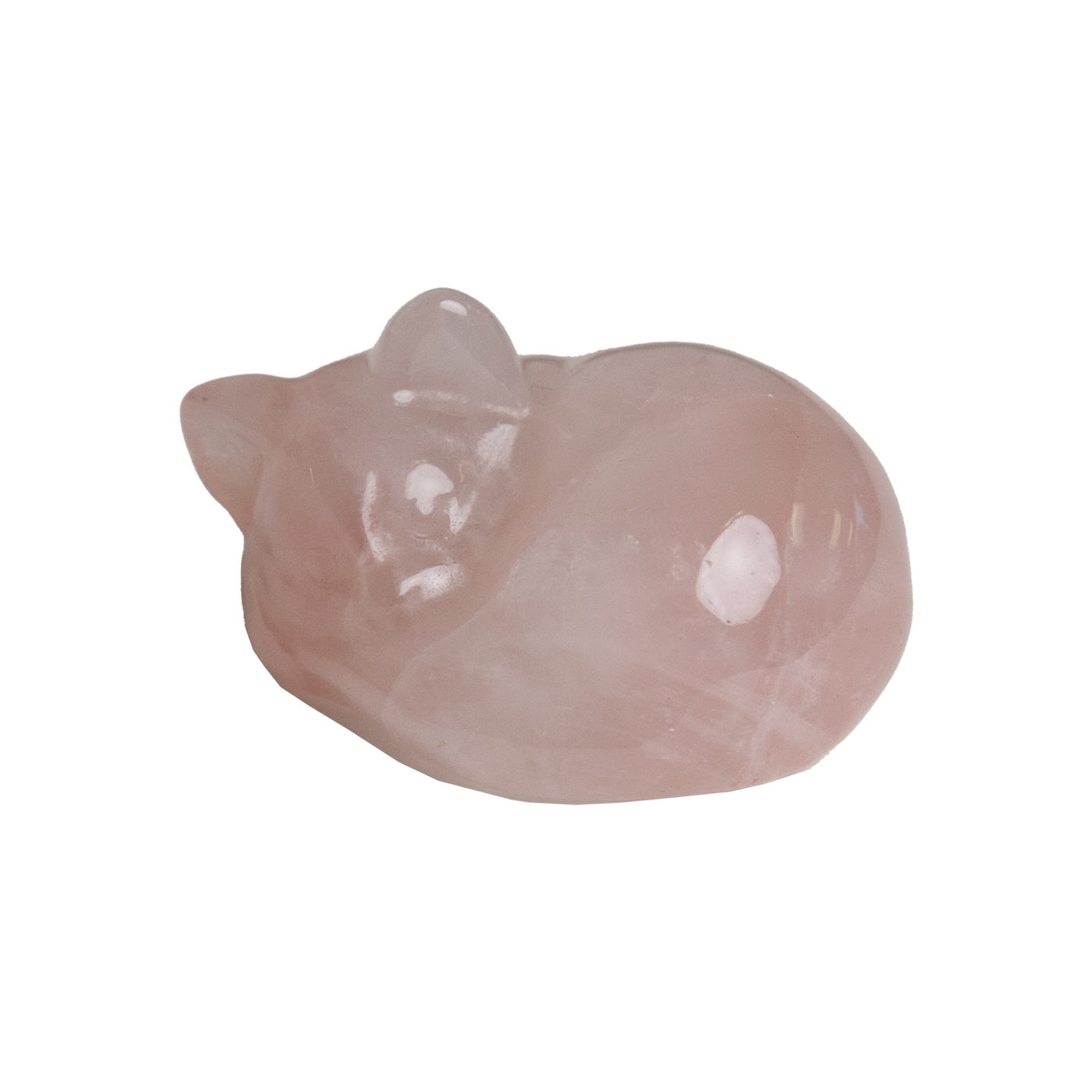 product view of rose quartz curled cat crystal carving by Energy Muse
