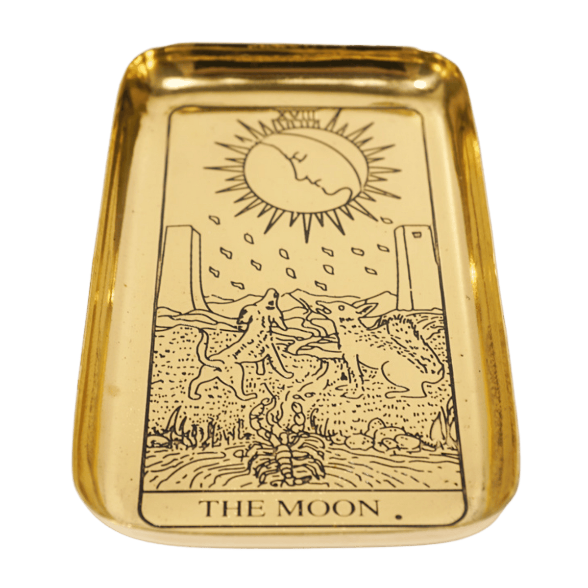 Angled brass offering tarot card tray by Energy Muse with Moon Tarot card engraving on front by Energy Muse