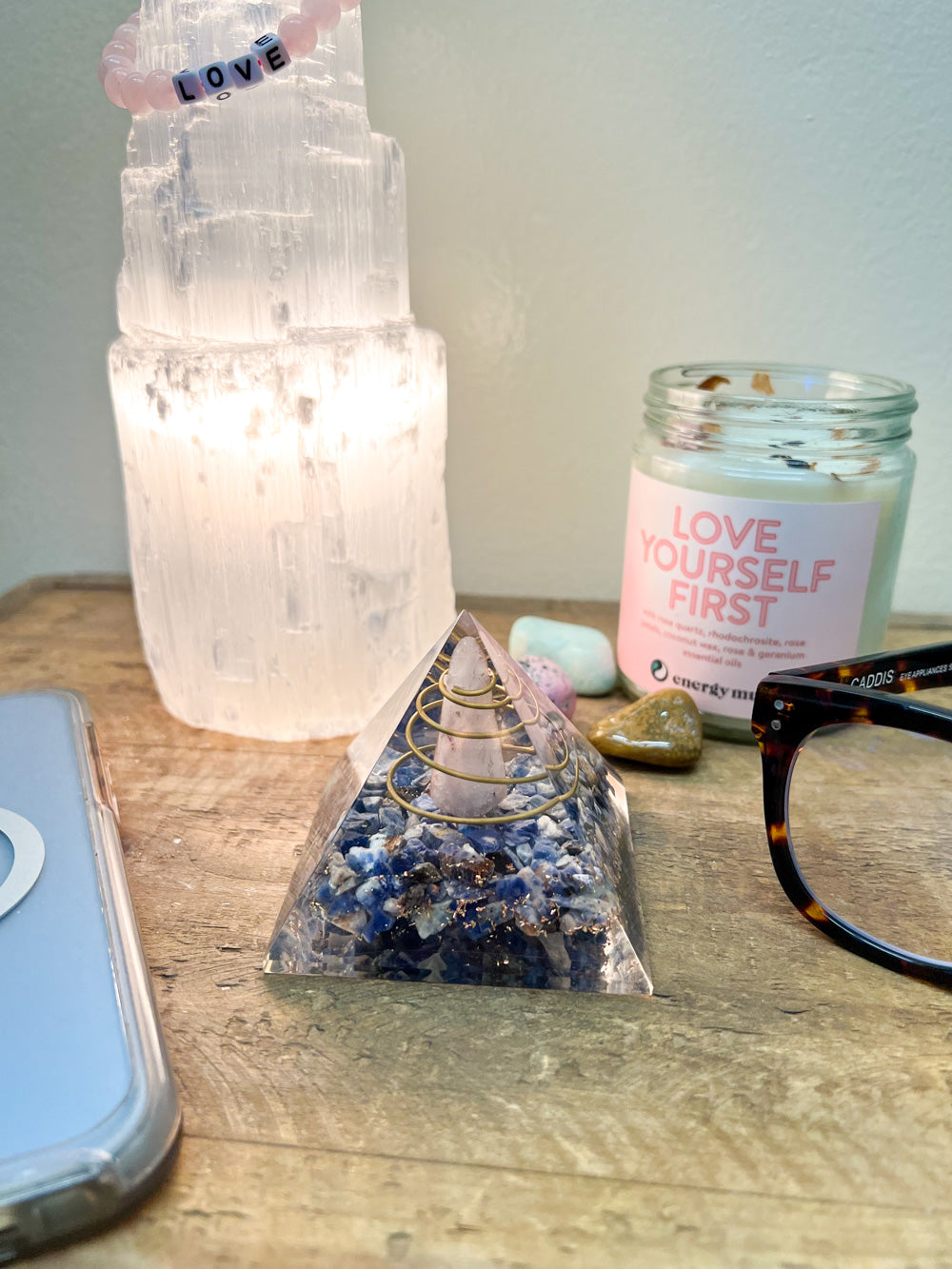Sodalite Orgone with Rose Quartz Point Pyramid