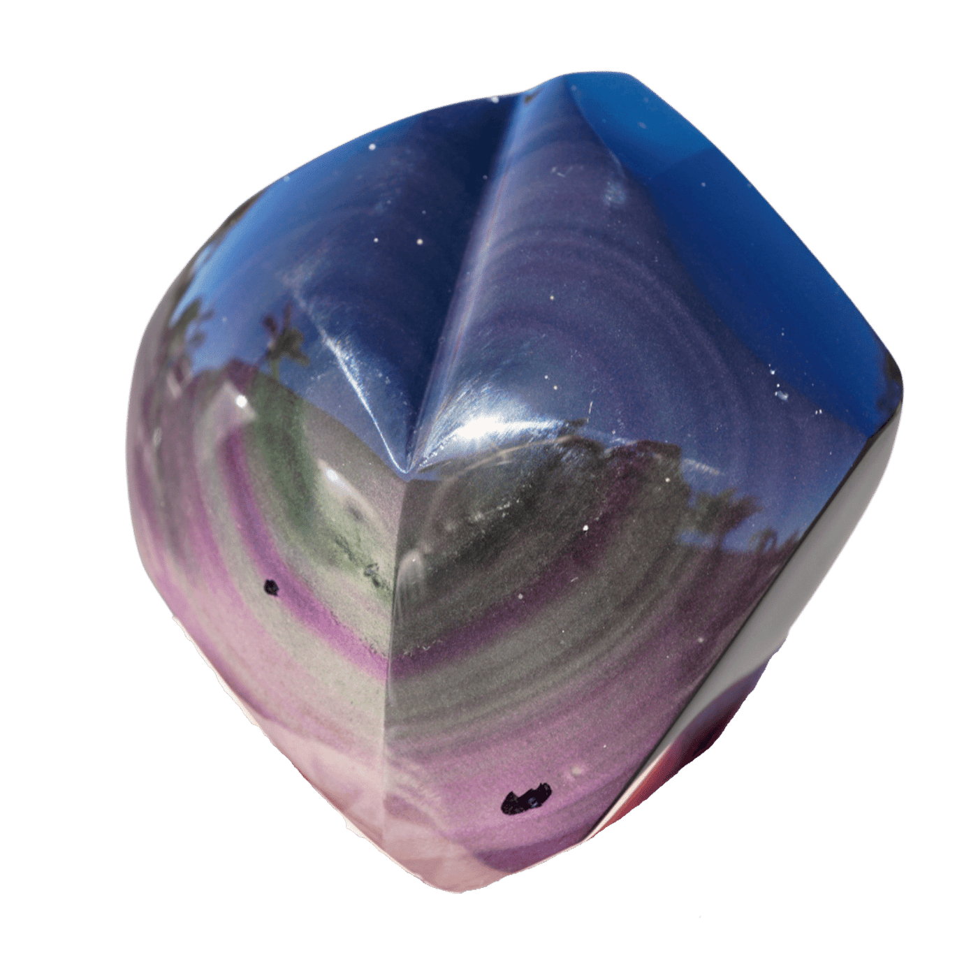 45 degree view of multi band color sheen of genuine half polished Rainbow Obsidian Heart Crystal by Energy Muse