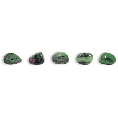 Selection of 5 genuine polished smooth Ruby Zoisite tumbled stones showing variation in coloration and pattern by Energy Muse