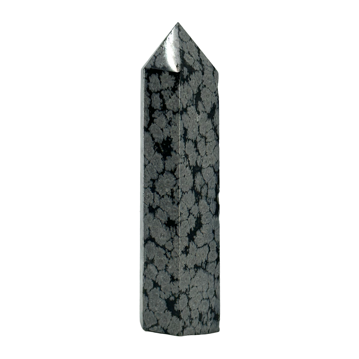 Closeup view of Snowflake Obsidian Tower Crystal Point by Energy Muse.