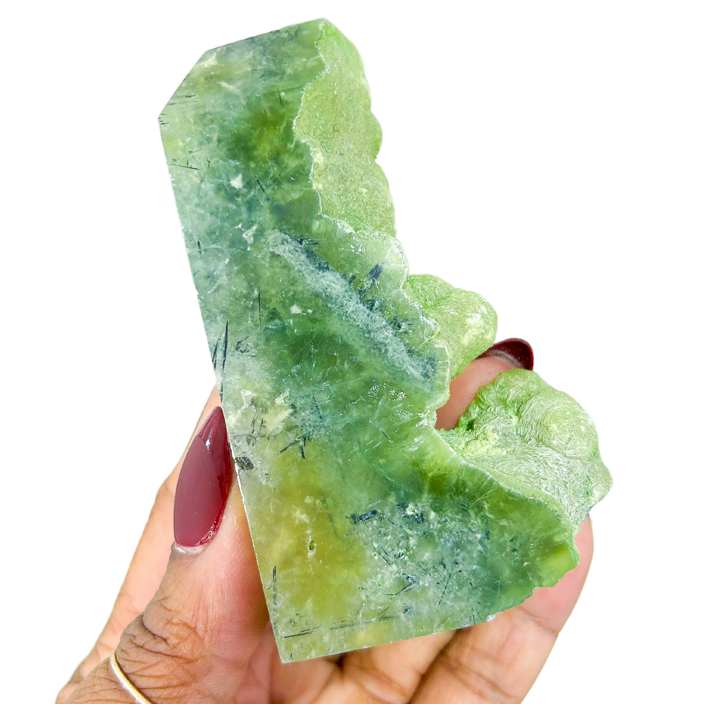 Prehnite with Epidote Half-Polished Point, Shop Prehnite at Energy Muse