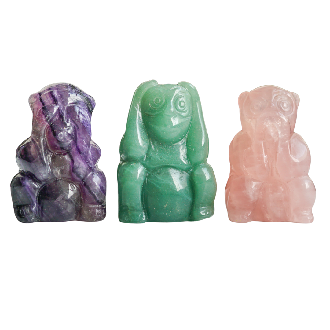 3 Wise Crystal Monkeys – Fluorite, Aventurine, and Rose Quartz for