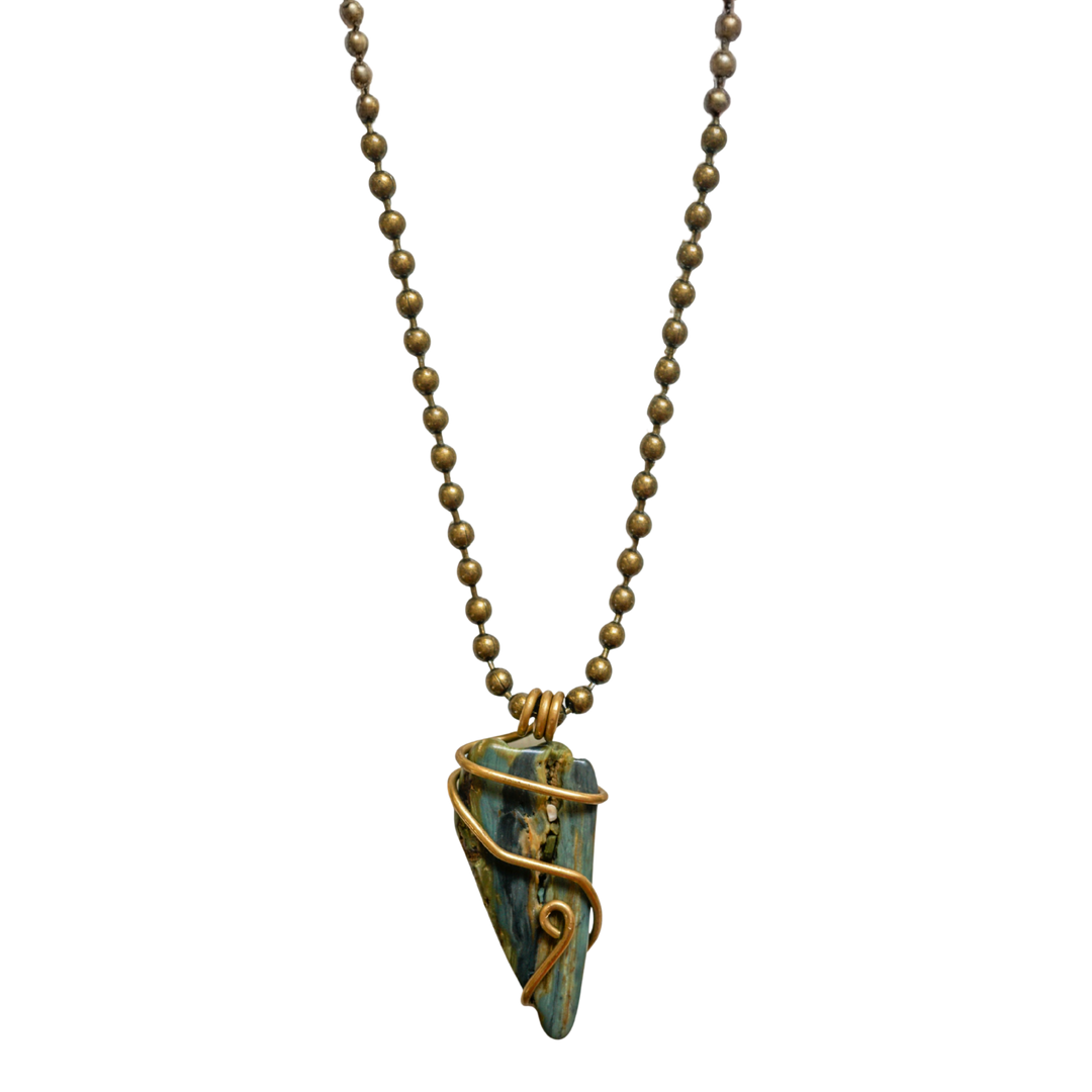 Bogswood Brass Necklace — Grounding Petrified Wood Pendant