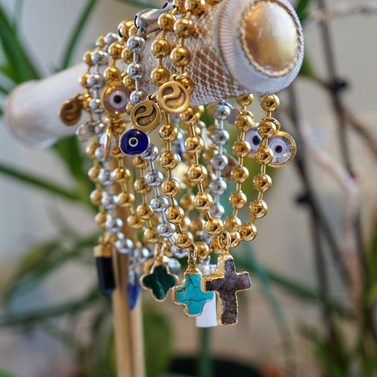 Silver Charm Bracelet with Rose Quartz & Blue Evil Eye