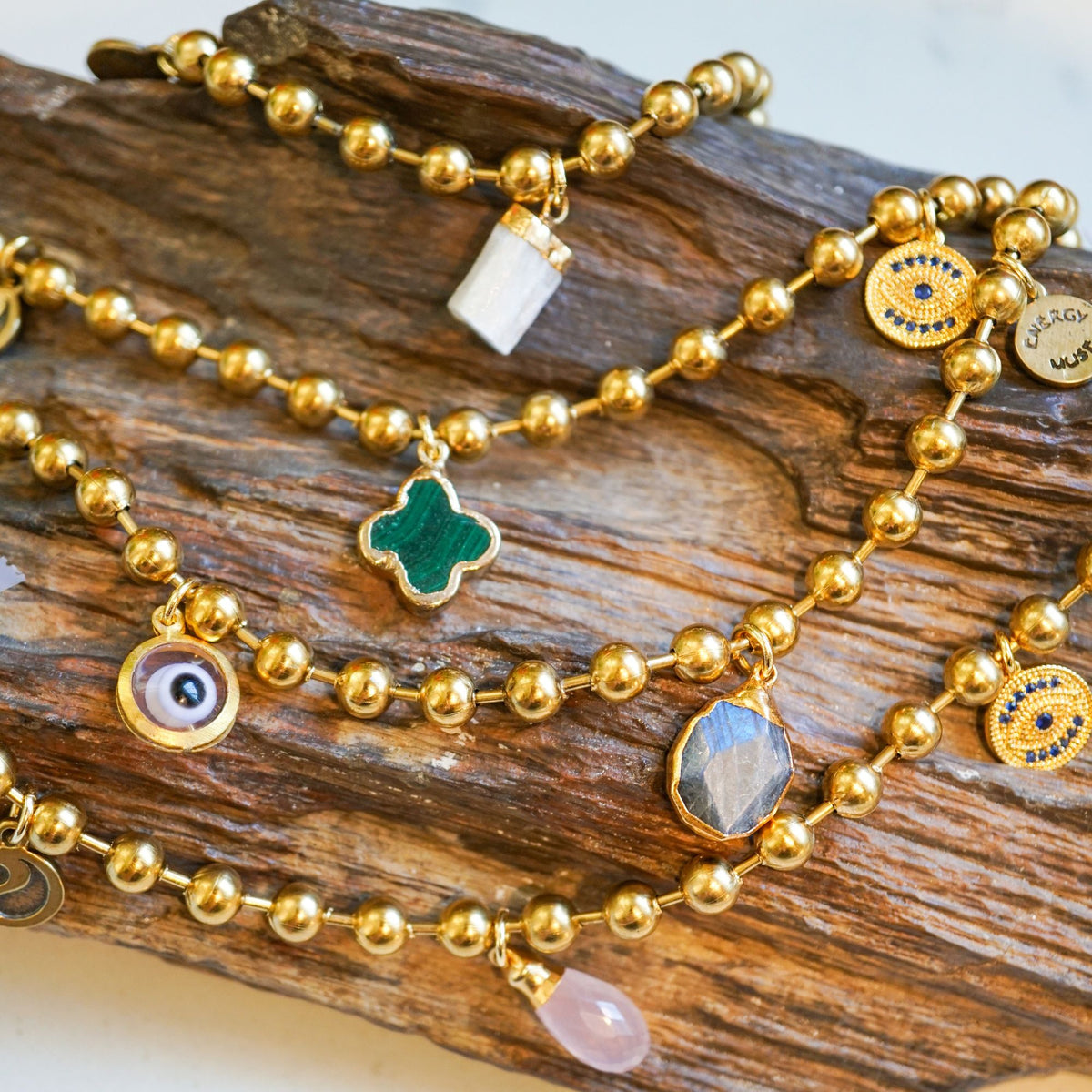 Gold Charm Bracelet with CZ Evil Eye & Malachite