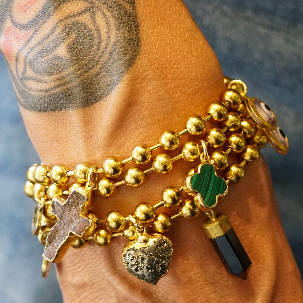 Gold Charm Bracelet with CZ Evil Eye & Malachite