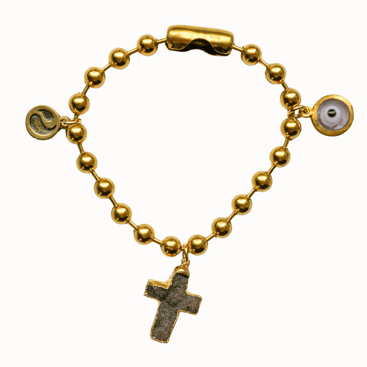 Gold Charm Bracelet with Agate Druzy Cross & Clear Evil Eye
