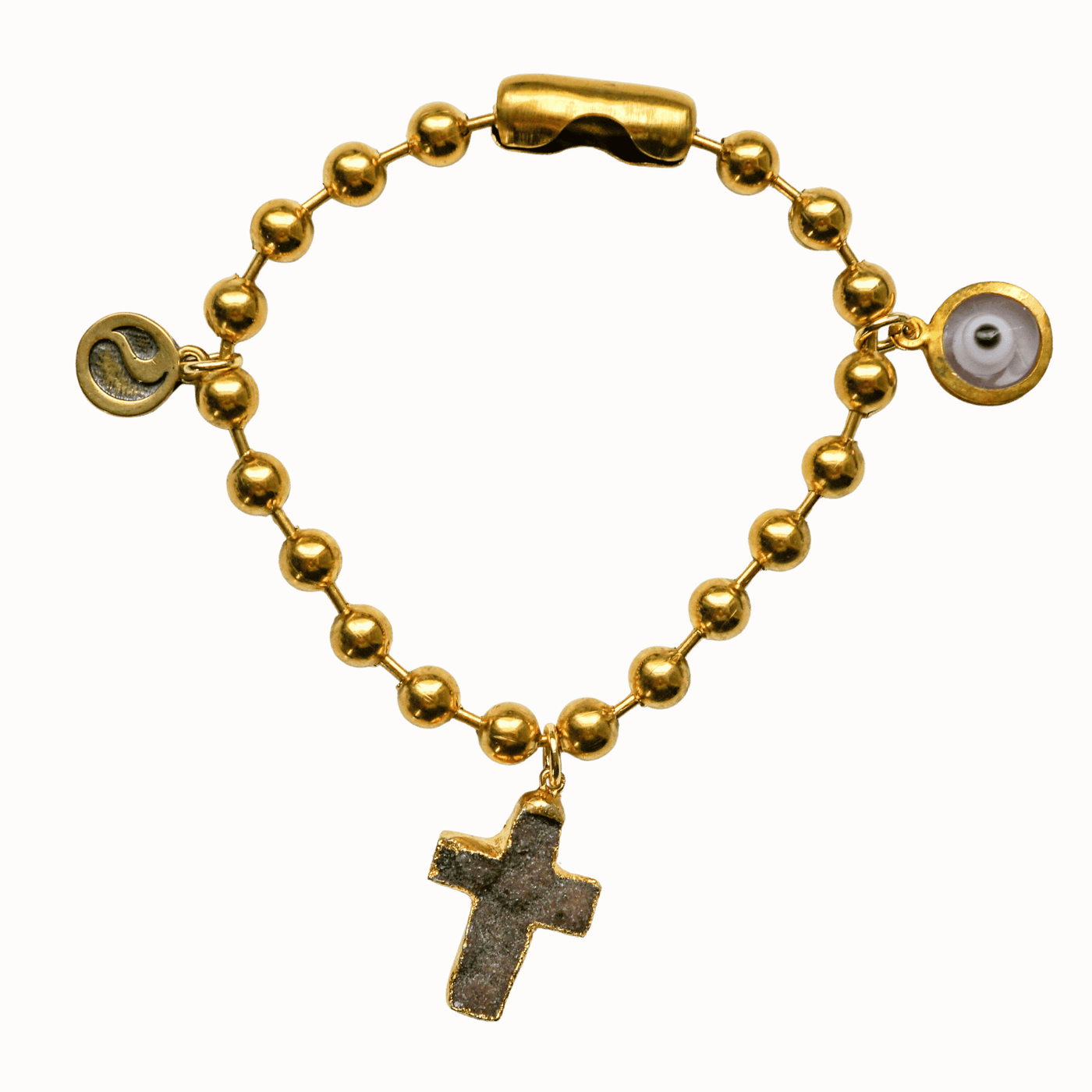 Gold Charm Bracelet with Agate Druzy Cross & Clear Evil Eye