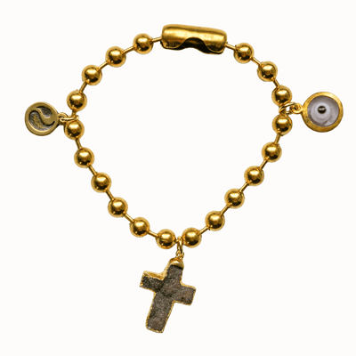 Gold Charm Bracelet with Agate Druzy Cross & Clear Evil Eye
