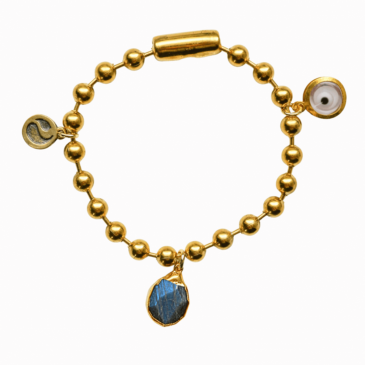 Gold Charm Bracelet with Labradorite & Clear Evil Eye