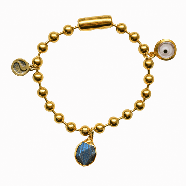 Gold Charm Bracelet with Labradorite & Clear Evil Eye