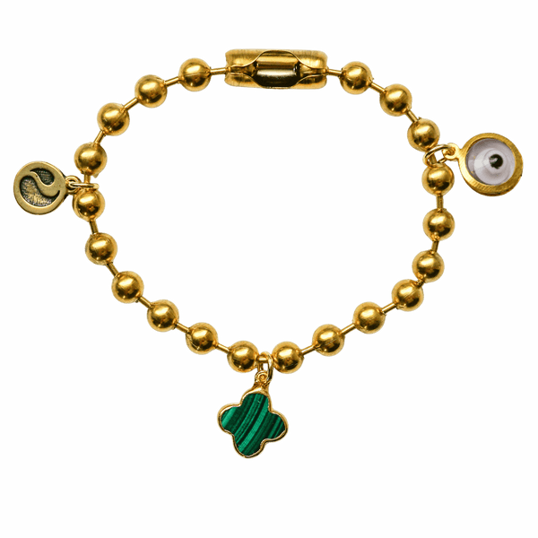 Gold Charm Bracelet with Malachite & Clear Evil Eye