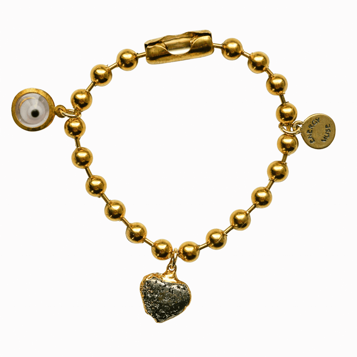 Gold Charm Bracelet with Pyrite Heart & Clear Evil Eye