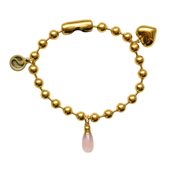 Gold Charm Bracelet with Rose Quartz & Gold Heart