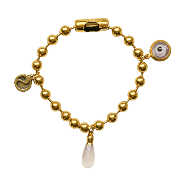 Gold Charm Bracelet with Rose Quartz & Clear Evil Eye