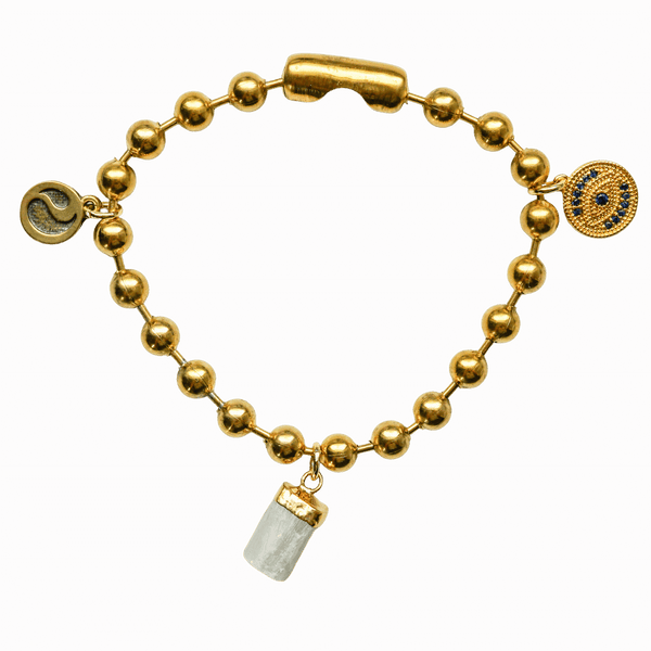 Gold Charm Bracelet with CZ Evil Eye & Selenite