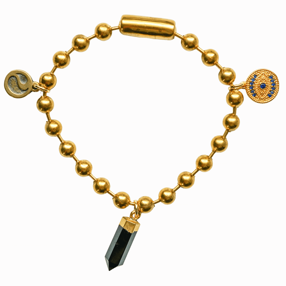Gold Charm Bracelet with CZ Evil Eye & Black Tourmaline