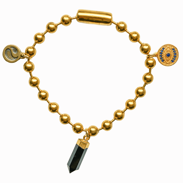 Gold Charm Bracelet with CZ Evil Eye & Black Tourmaline