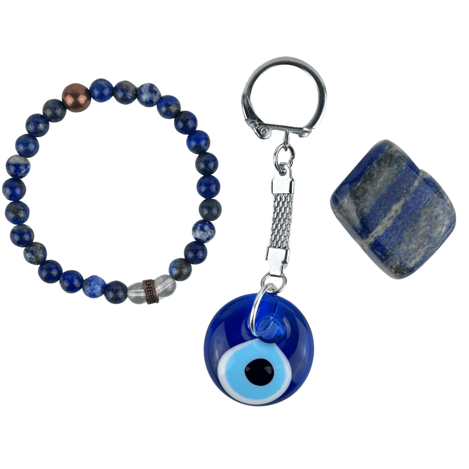 Sml Keychains Evil Eye Keychain + Lapis Tumbled + Lapis Bracelet (SML) – Energy Muse