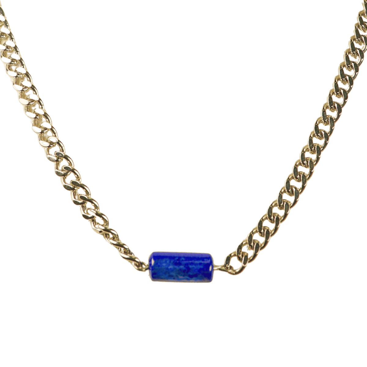 Lapis Lazuli Barrel with Silver Cuban Link Chain Necklace