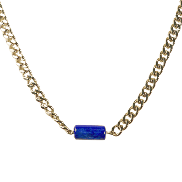 Lapis Lazuli Barrel with Silver Cuban Link Chain Necklace