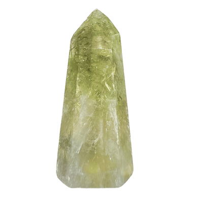 product view of rare prasiolite point from tucson gem show by Energy Muse