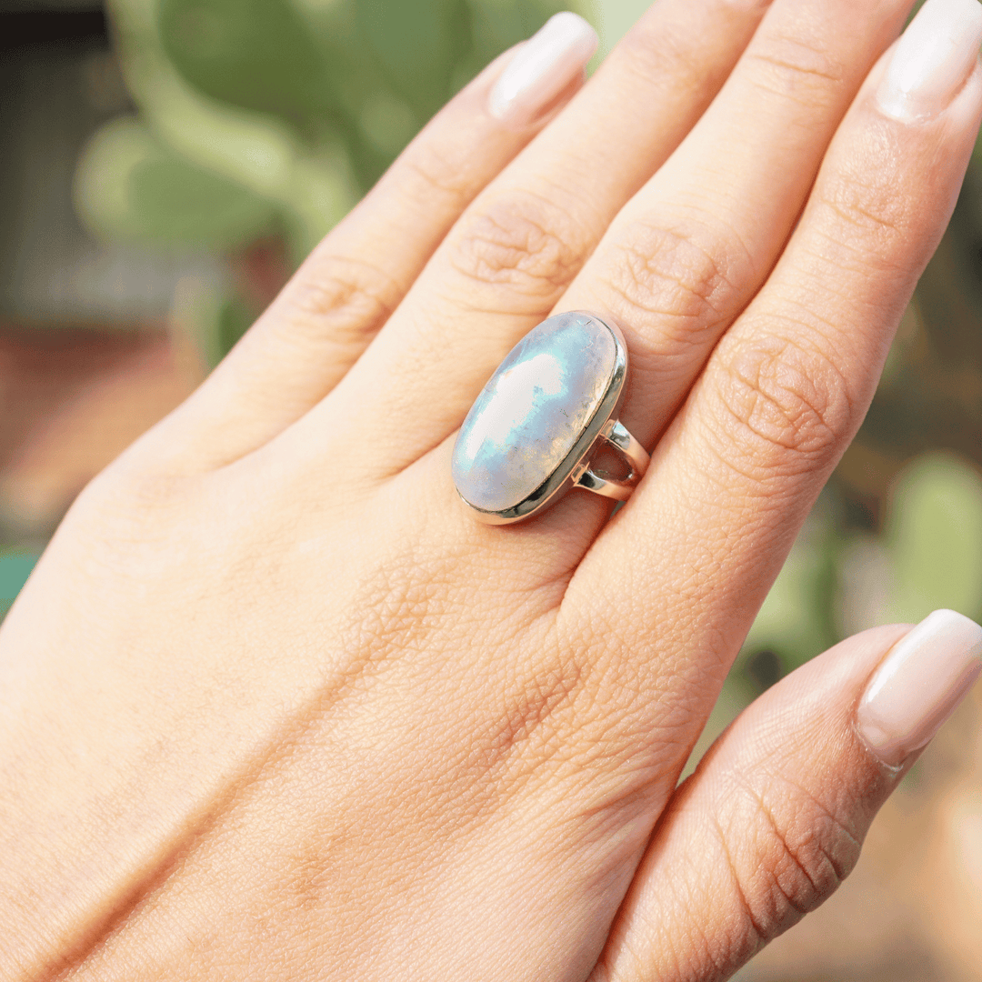 Rainbow Moonstone Sterling Silver Ring – Intuition, Protection