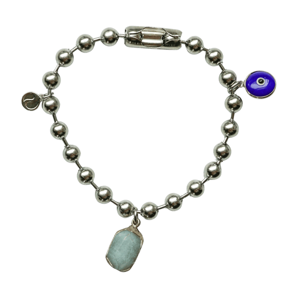 Silver Charm Bracelet with Aquamarine & Blue Evil Eye