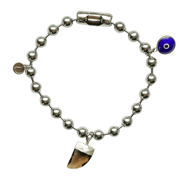 Silver Charm Bracelet with Smoky Quartz & Blue Evil Eye